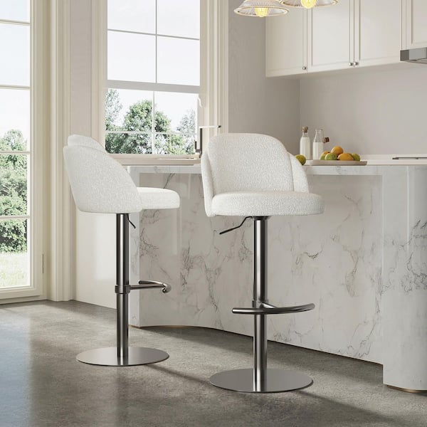 Ezra Pearl/Gunmetal Fabric Gas Lift Adjustable Swivel Counter Stool with Ergonomic Backrest for Kitchen (Set of 2)