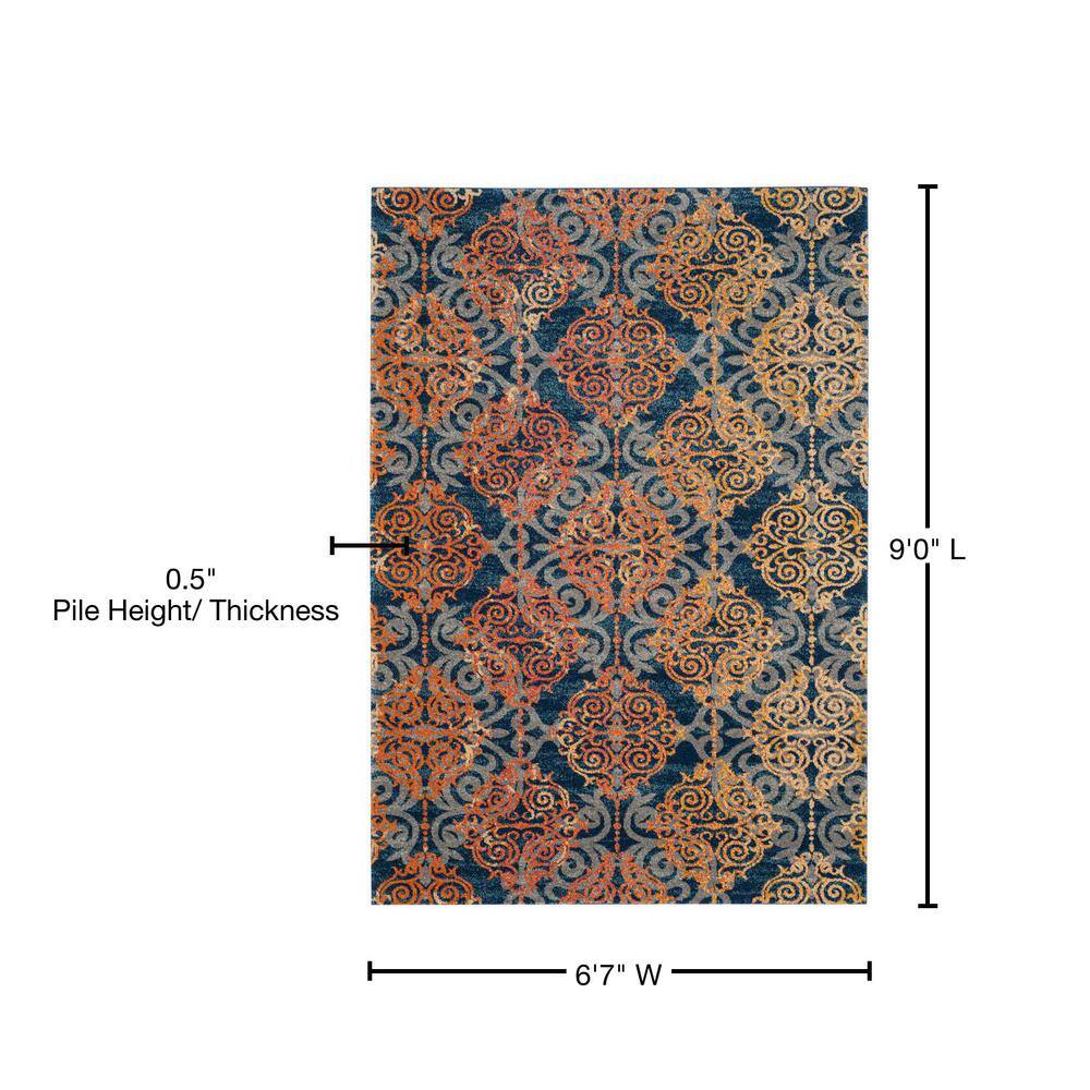 High Pile Blue and Orange Synthetic Boho Area Rug