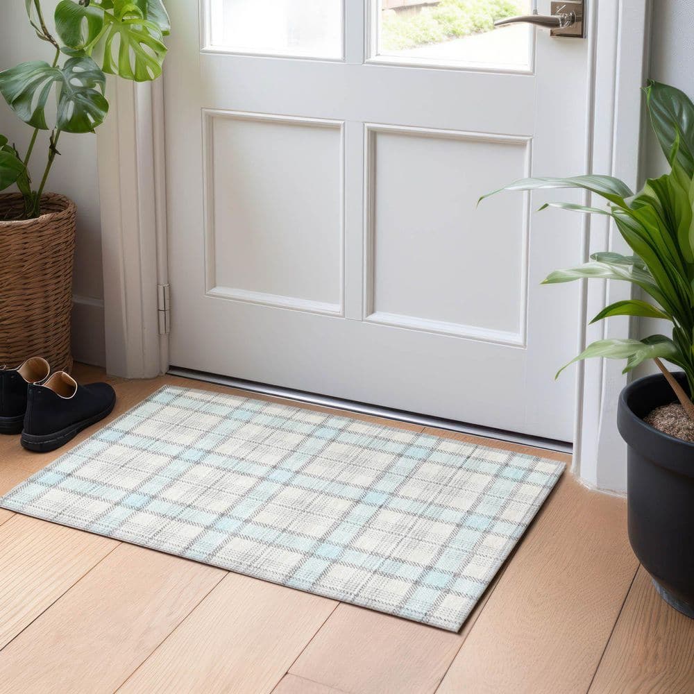 Sky Blue Plaid Machine Washable Synthetic Indoor/Outdoor Rug
