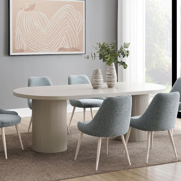 Laela Bone White Finish Wood Column Dining Table Seats 6