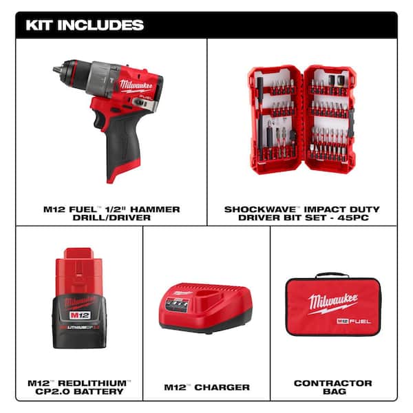 M12 FUEL 12-Volt Li-Ion Brushless Cordless 1/2 in. Hammer Drill Kit w CP 2.0Ah Battery, Charger & Bit Set (45-Piece)