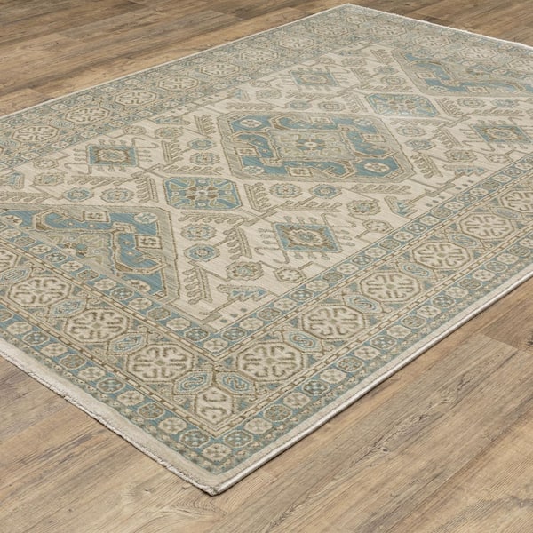 Maco Beige/Blue 10 ft. x 13 ft. Geometric Border Medallion Polypropylene Fringe-Edge Indoor Area Rug