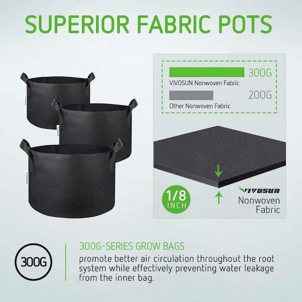 VIVOSUN 5-Pack 10 Gallon Plant Grow Bags, Heavy Duty Thickened Nonwoven  Fabric Pots with Handles