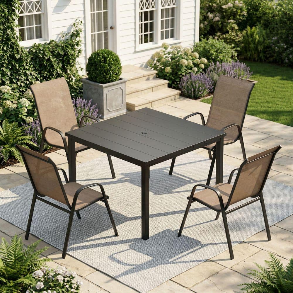 5-Piece Metal Outdoor Dining Set with 40.2 in. Black Square Patio Table and 4 Brown Stackable Textilene Chairs price history on PriceWatchPro