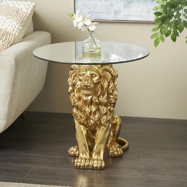 Litton Lane 27 in. Gold Sitting Lion Round Glass End Table with Glass Tabletop