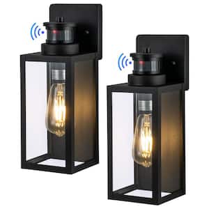 1-Light Matte Black Motion Sensing Dusk to Dawn Non-Solar Outdoor Wall Lantern Sconce with Clear Tempered Glass (2-Pack)