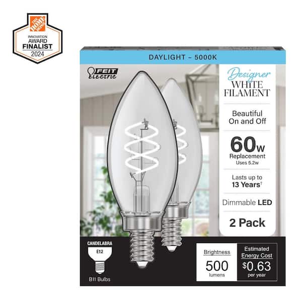 60-Watt Equivalent B10 Double Spiral White Thin Filament Clear E12 Candelabra LED Light Bulb, Daylight 5000K (2-Pack)