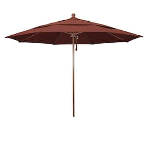 11 ft. Woodgrain Aluminum Commercial Market Patio Umbrella Fiberglass Ribs and Pulley Lift in Henna Sunbrella