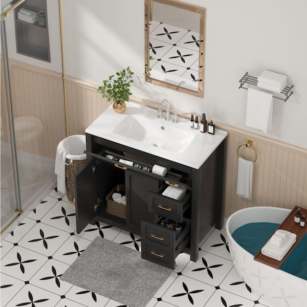 36 in. Single Sink Freestanding Black Bath Vanity with White Ceramic Top Unassembled