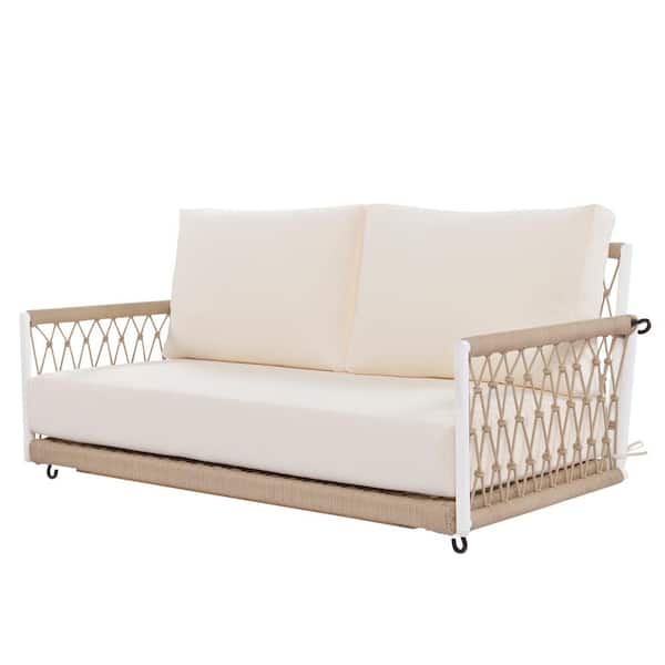 Unbranded Patio Metal Porch Swing with Beige Cushions, Woven Rope Hanging Swing Bench for Balcony and Yard