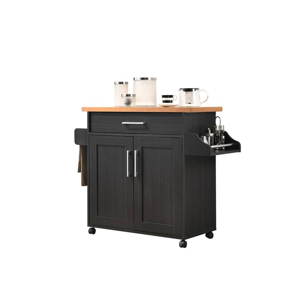 Elegant Black Beech Wood Kitchen Island with Spice Rack and Towel Holder