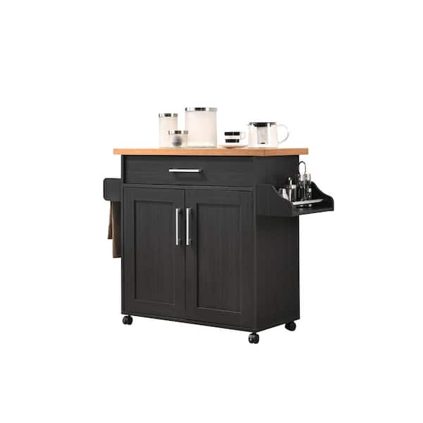 HODEDAH Black-Beech Kitchen Island with Spice Rack and Towel Holder