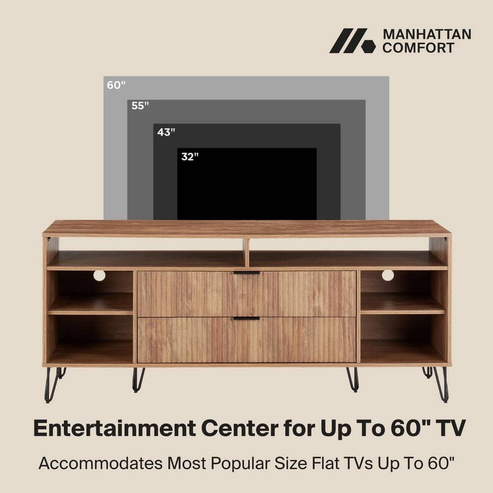 Golden Brown Mid-Century Modern TV Stand with Cabinet and Shelves