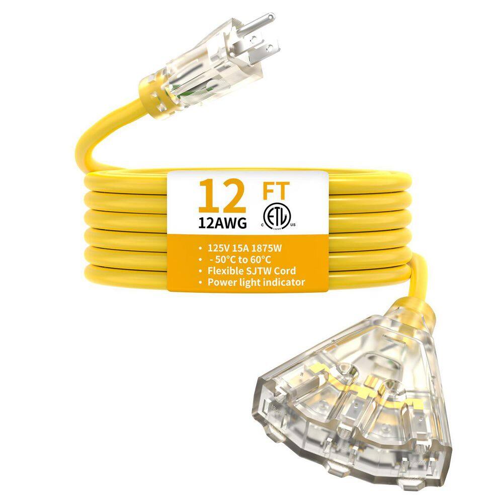 10 Ft Heavy Duty Extension Cord - 12 Gauge 3 Outlet Outdoor Power Cord