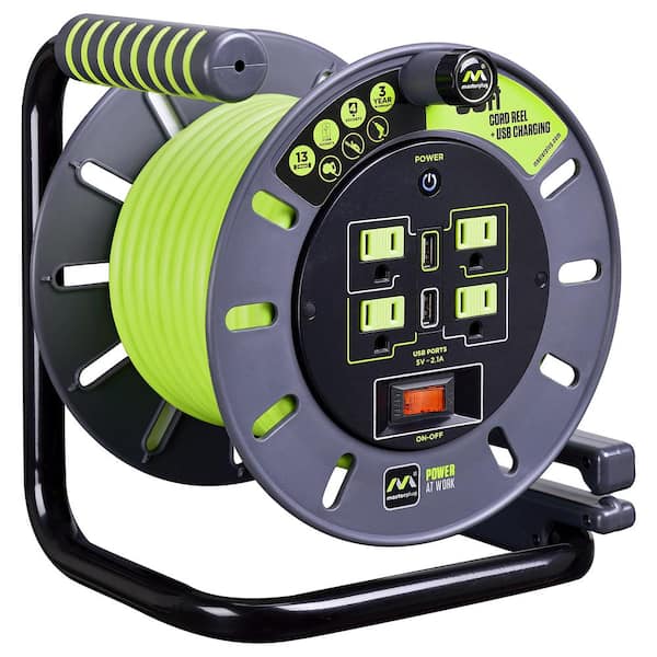 Masterplug 50 ft. 13 Amp 14 AWG Medium Open Reel with USB Charging and  4-Sockets OMA501314G4SLU - The Home Depot
