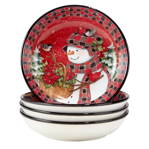 Certified International Christmas Lodge Snowman 38 fl.oz. Multi-Colored Earthenware Soup Bowls Set of 4