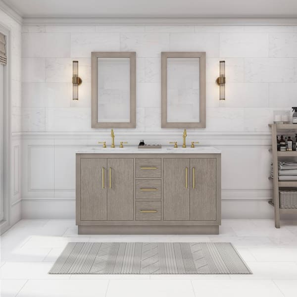 Water Creation Hugo 60 in. W x 22 in. D Bath Vanity in Grey Oak with Marble Vanity Top in White with White Basin