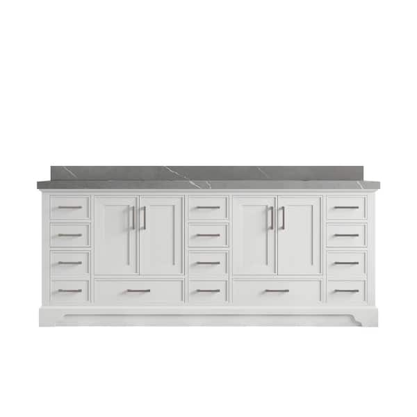Willow Collections Charlotte 84 in. Double Sink Freestanding White Bath Vanity with Piatra Gray Qt. Top Unassembled