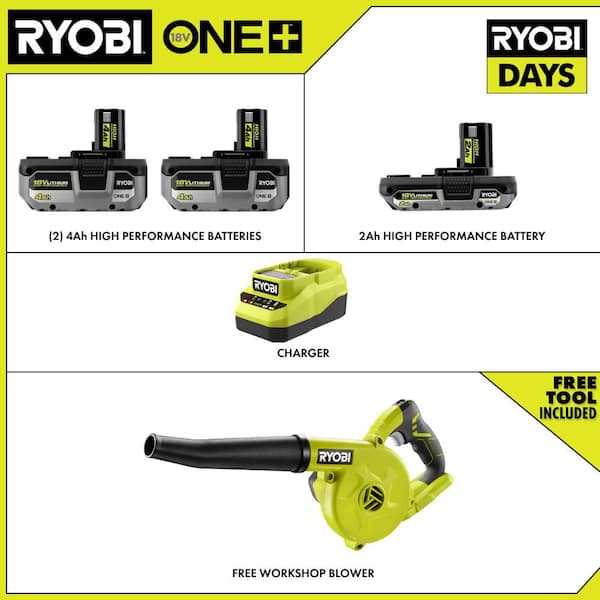 ONE+ 18V HIGH PERFORMANCE Kit w/ (2) 4.0 Ah Batteries, 2.0 Ah Battery, Charger, & FREE ONE+ Cordless Workshop Blower