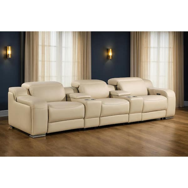 129.00 in. Straight Arm Leather Curved Sofa Beige
