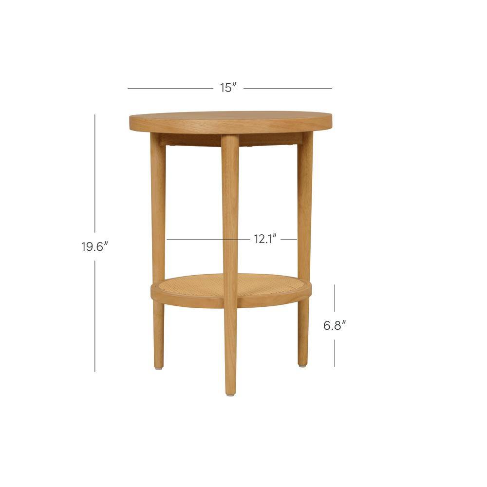 Sonia Light Brown Round Wood End Table with Rattan Shelf, Set of 2