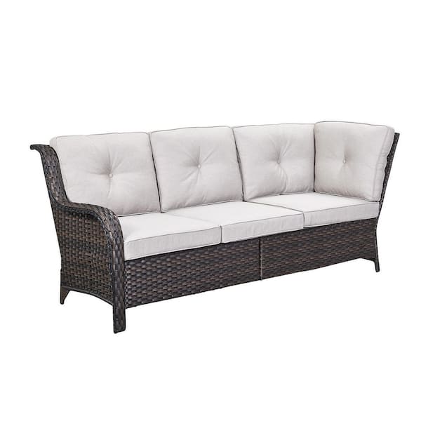 Opohoro ArcoBay Brown Wicker Right Arm 3-Seat Outdoor Sectional Sofa Patio Sofa with Beige Cushion