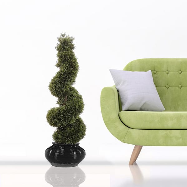 Larksilk 35in. Artificial Spiral Cedar Topiary in Black Pot - Artificial Topiaries Trees, Floral Home by Artificial Flowers