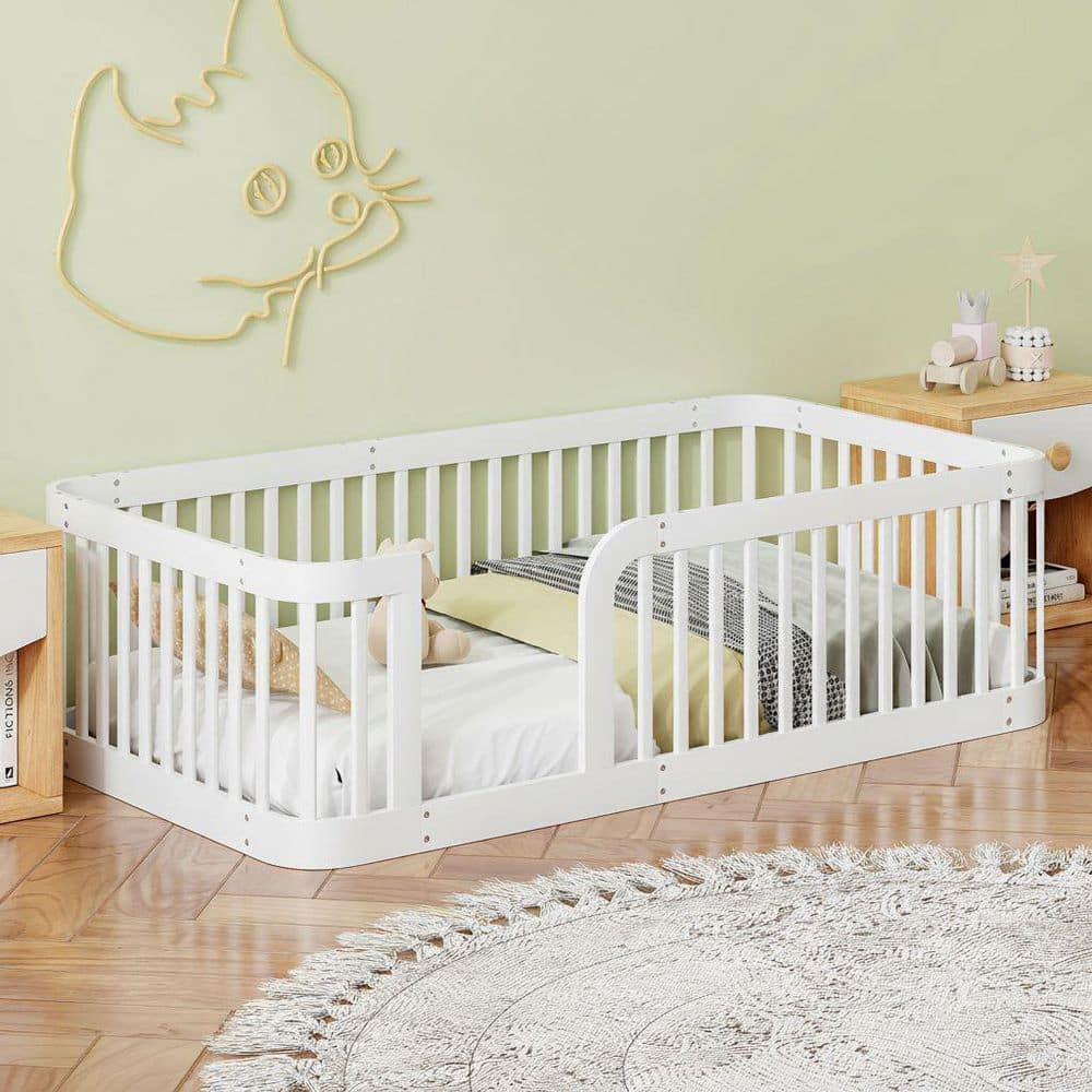 White Twin Size Wood Kids Bed Floor Bed with Fence, Slats Not Included