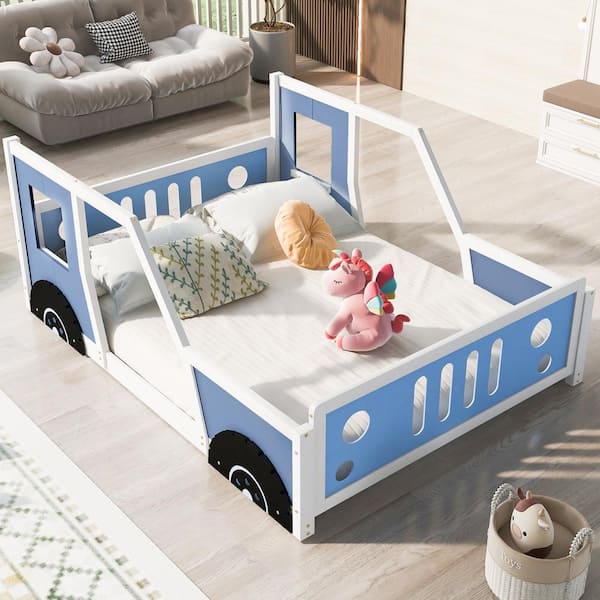 Polibi Blue Wood Frame Full Size Classic Car-Shaped Platform Bed with Wheels