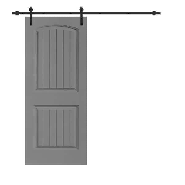 CALHOME Elegant 36 in. x 80 in. Light Gray Stained Composite MDF 2 Panel Camber Top Sliding Barn Door with Hardware Kit