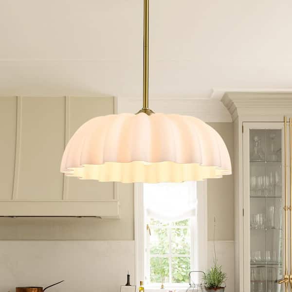 Echo 15.7 in. 1-Light Modern Brass Adjustable Pendant Light with Opal Pleated Glass Shade