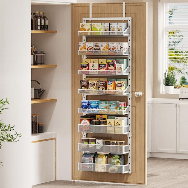 8-Tier White Over the Door Pantry Organizer, 2 in 1 Wall Mount or Hanging Metal Spice Rack with Adjustable Basket