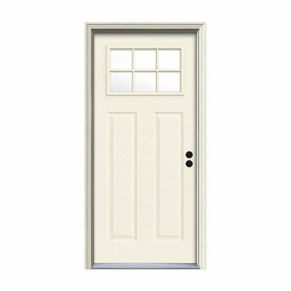 JELD-WEN 34 in. x 80 in. 6 Lite Craftsman Vanilla Painted Steel Prehung Left-Hand Inswing Front Door w/Brickmould