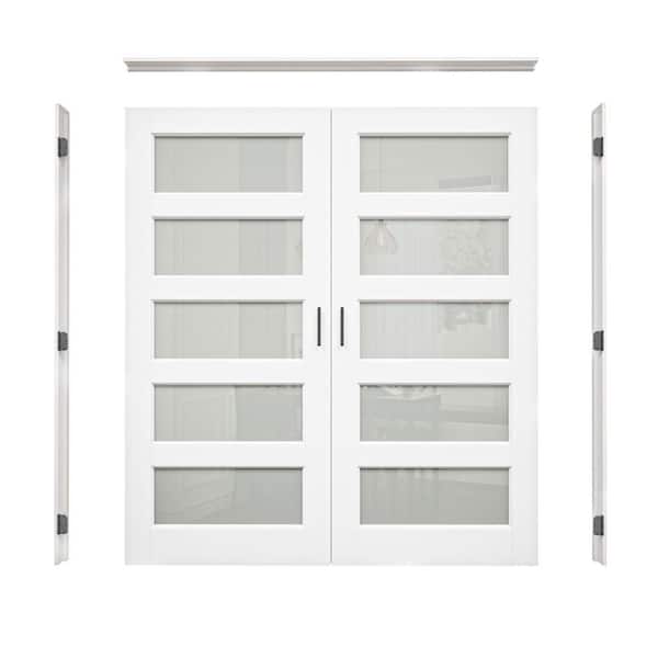 72 in. x 80 in. 5-Lite Frosted Glass Universal White Solid Core Glass Double Prehung French Door + Quick Jamb&Ball Catch