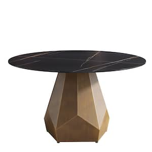 53 in. Black Circular Sintered Stone Tabletop Bronze Pedestal Base Kitchen Dining Table (Seats-6)