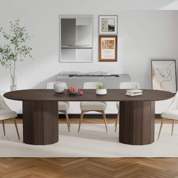 Oval Walnut Wooden Solid Wood 86 in. Double Pedestal Base Wood Dining Table (Seats 10)