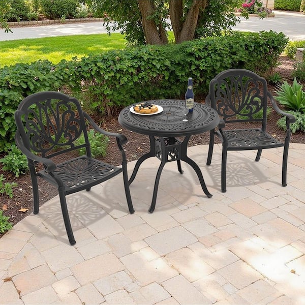 3-Piece Black Cast Aluminum Outdoor Dining Set with Brown Cushions