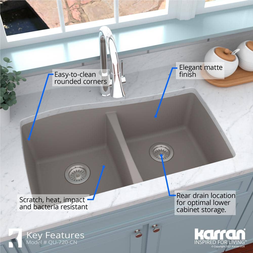 Concrete Gray Double Bowl Farmhouse Quartz Kitchen Sink Kit