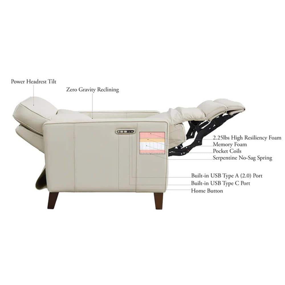 Vanilla White Leather Zero Gravity Recliner with Wood Frame