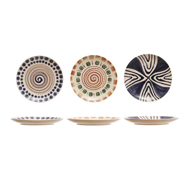 Storied Home Beige Round Stoneware Dinner Plates with 3-Various Geometric Pattern Designs (Set of 3)