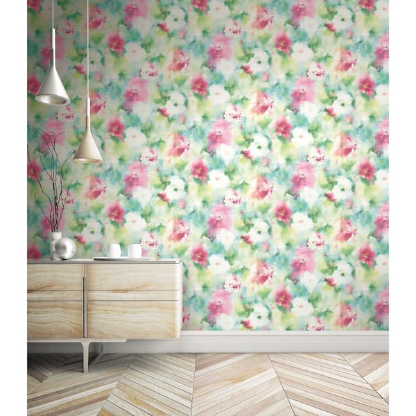 Watercolor Bloom Hot Pink, Lime Green, and Off-White Paper Strippable Roll (Covers 56.05 sq. ft.)