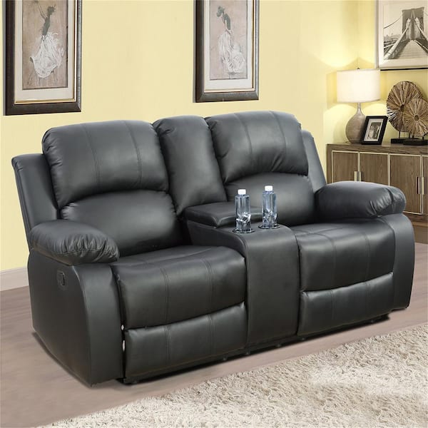 AndMakers 73.5 in. W Pillow Top Arm Faux Leather Rectangle Reclining Sofa in Black
