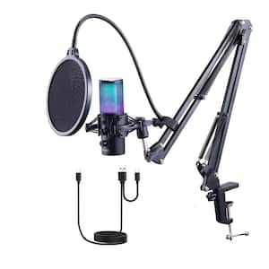 USB Microphone Condenser Microphone Kit Boom Arm Stand Pop Filter Shock Mount 11 RGB Lighting Mute Button Headphones