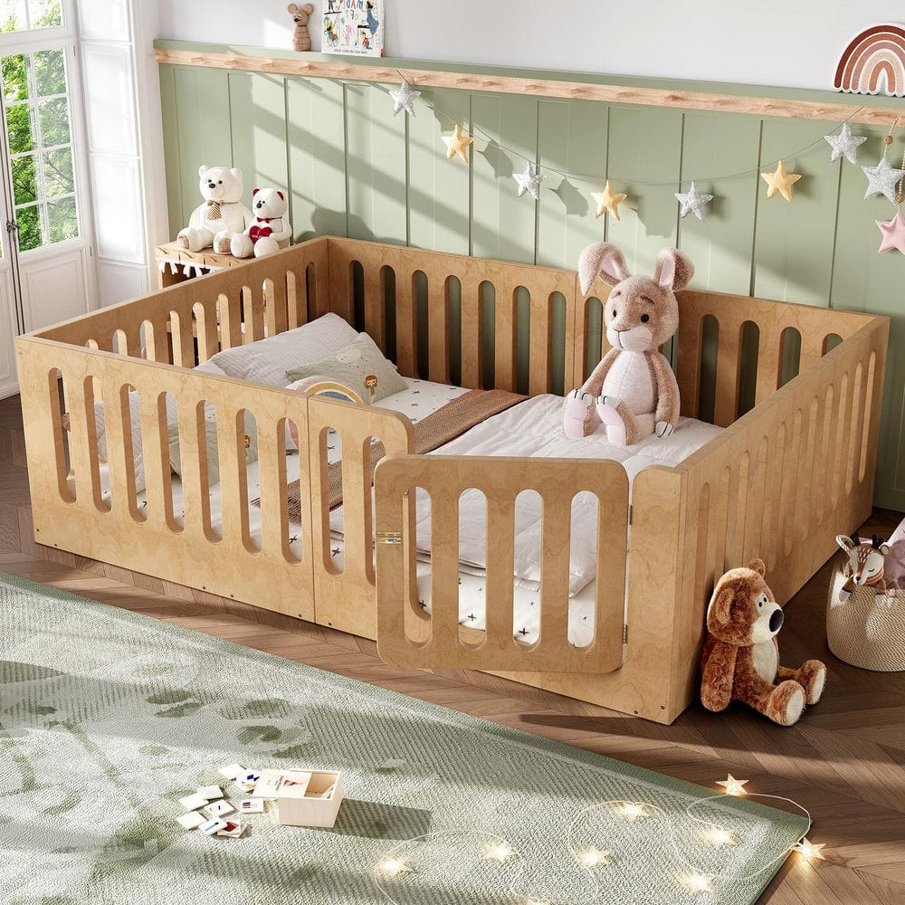 Natural Queen Size Kids Bed with High Fence, Door