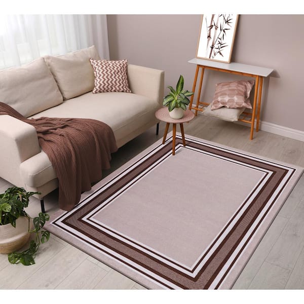 3 X 3 Beige Brown Carmel Bordered Non Slip Doormat Indoor Area Rug
