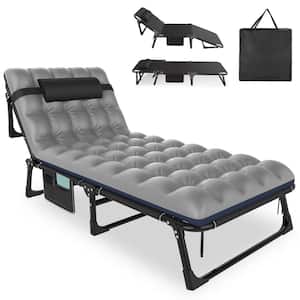 Dgsea 3 in 1 Folding Portable Camping Cot Bed, Adjustable Patio Chaise Lounge Chair, Black Cot + Gray/Blue Pad
