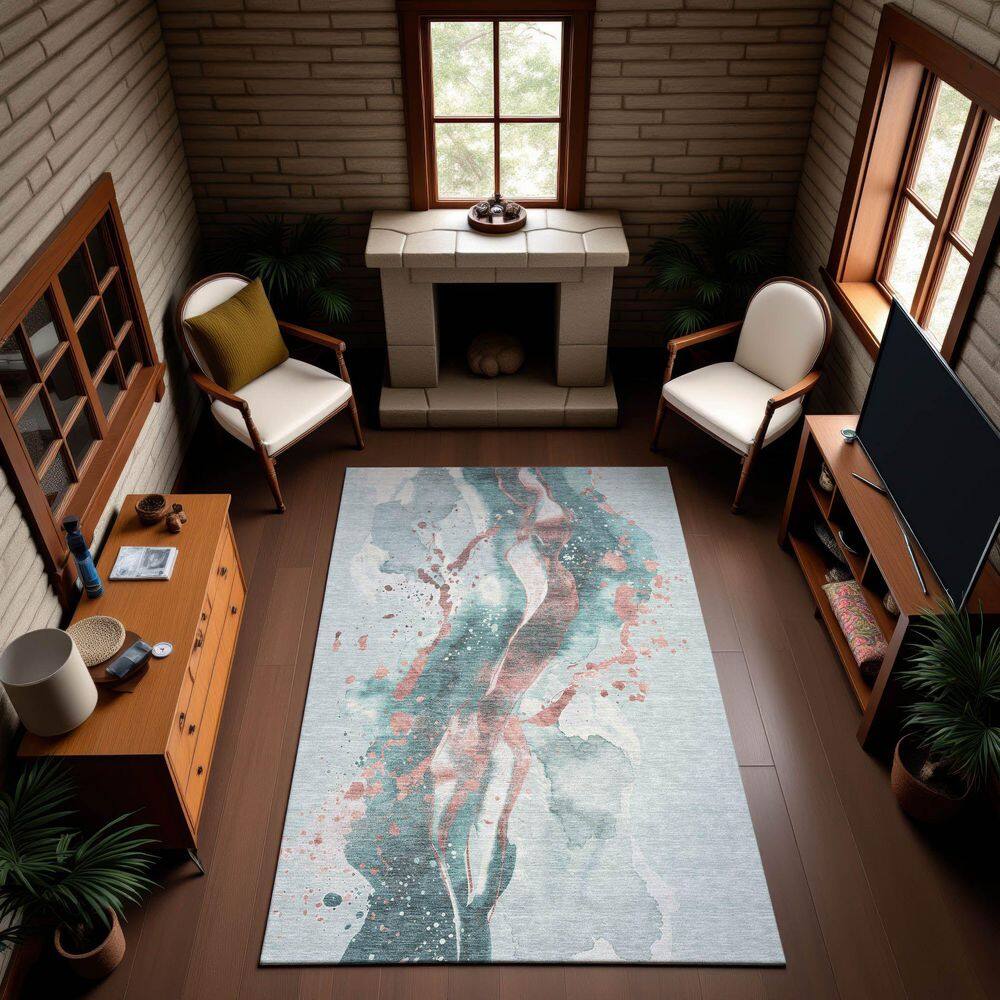 Mayfield Premium Machine Washable Abstract AMF1523 Teal 3 ft. x 5 ft. Area Rug price history on PriceWatchPro