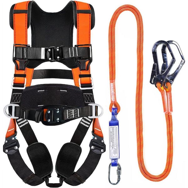 Unbranded 420 lb. Capacity Fall Protection Safety Harness with Shock Absorbing Lanyard, Vented & Padded Shoulder Polyester, Orange