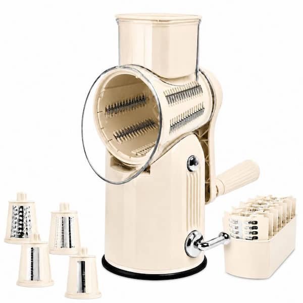 5 in 1 White Rotary Cheese Grater with Replaceable Stainless Blades, Suction Base and Storage Box