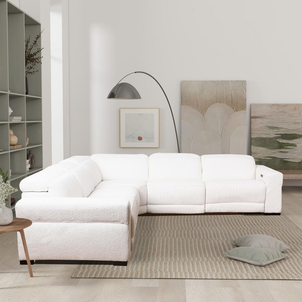 Celeste White Boucle Fabric Symmetrical Sectional Sofa with Ottoman